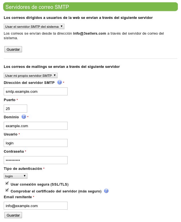 Formulario de edición del servidor SMTP de mailings