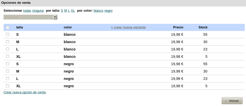 Opciones de venta con dos variantes